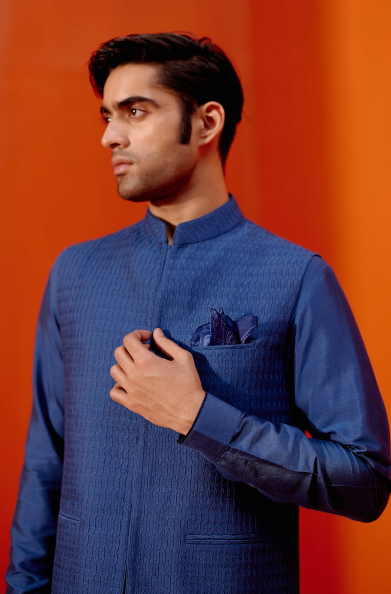 Royal Blue Kurta Set with Pin Tucks Bundi