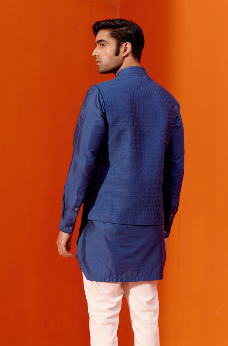 Royal Blue Kurta Set with Pin Tucks Bundi