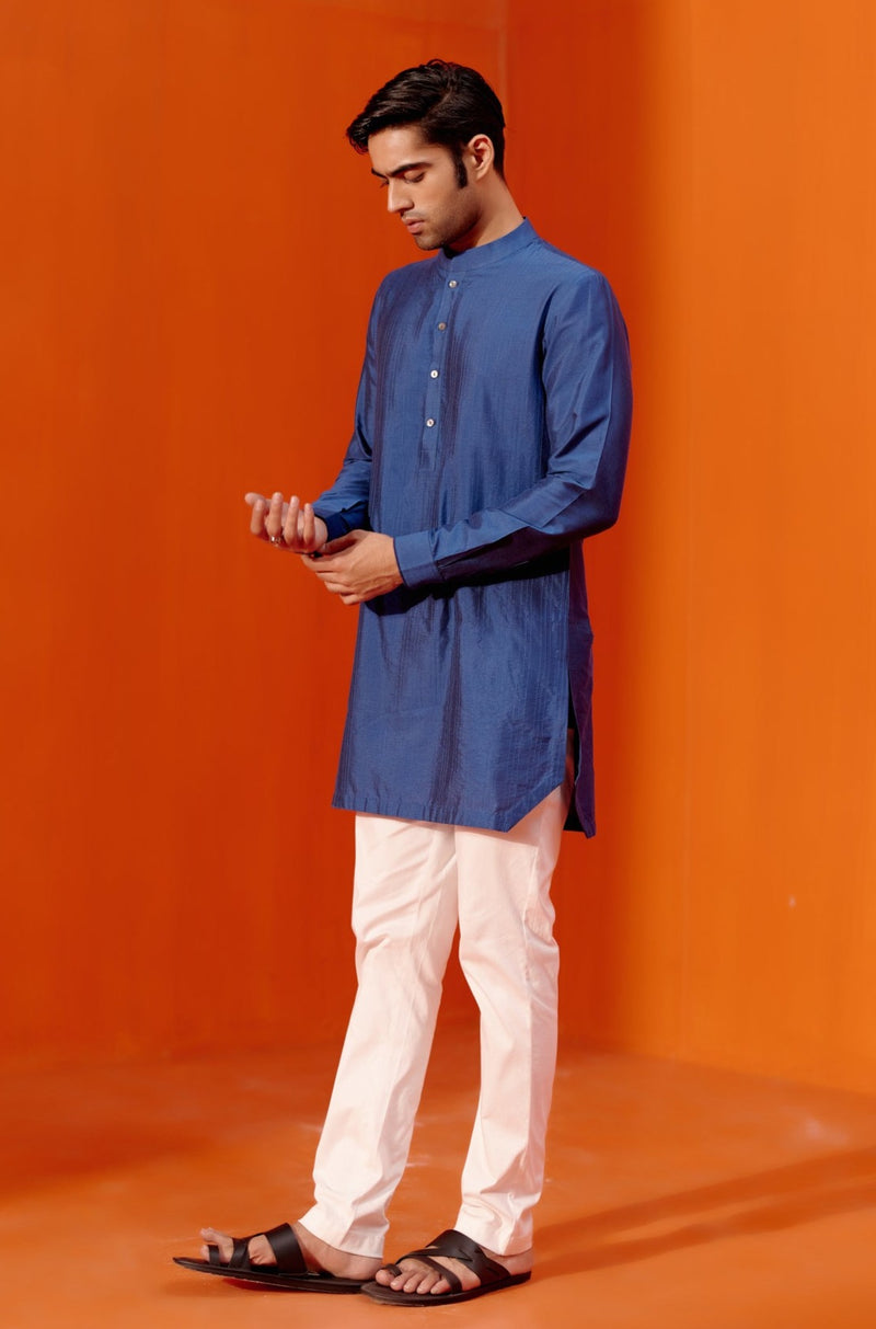 Royal Blue Kurta Set with Pin Tucks Bundi