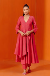Rani Pink Angrakha Style Embroidered Anarkali Set