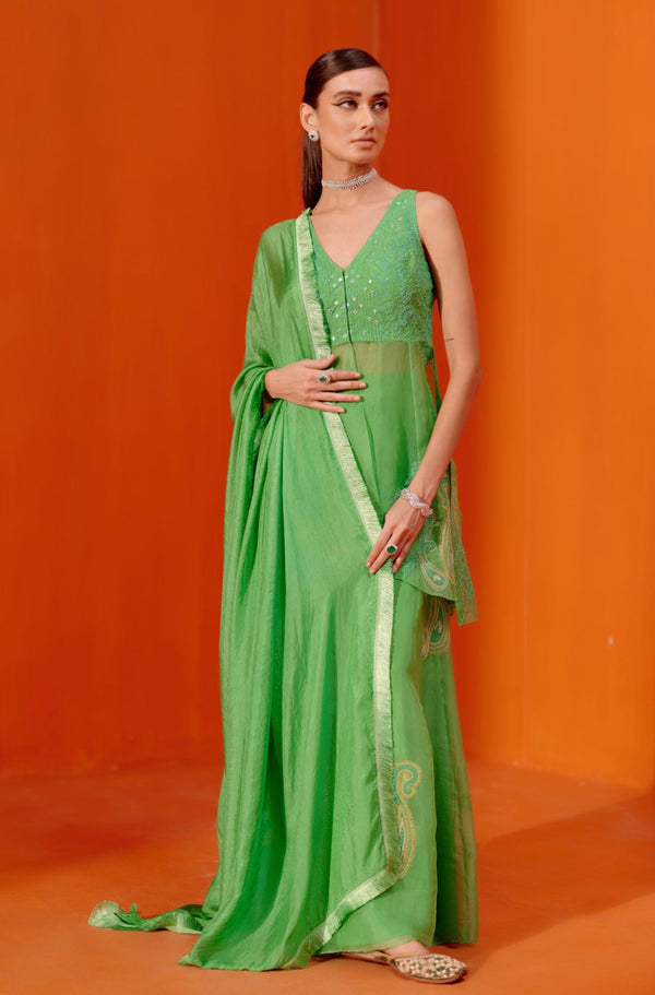 Green Multi Hued Dori Embroidered Sharara Set