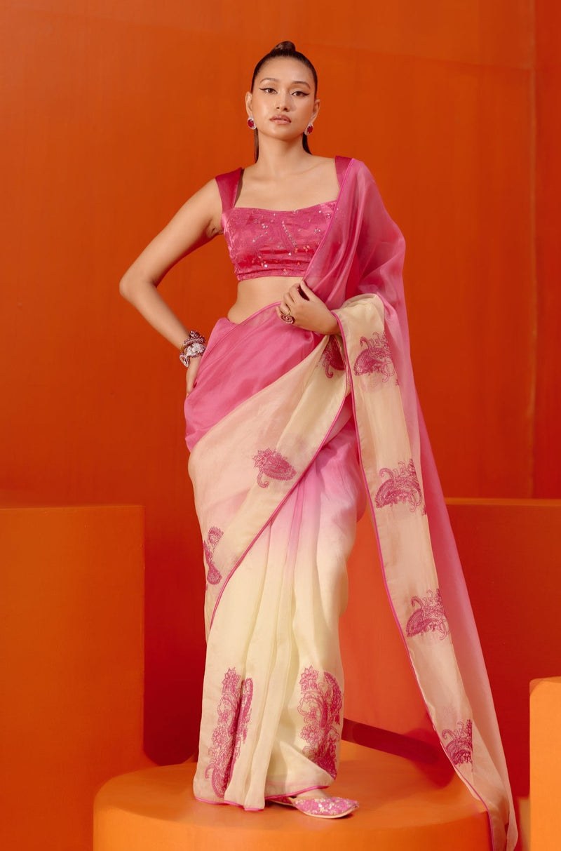 Fuchsia Pink Embroidered Ombre Organza Saree