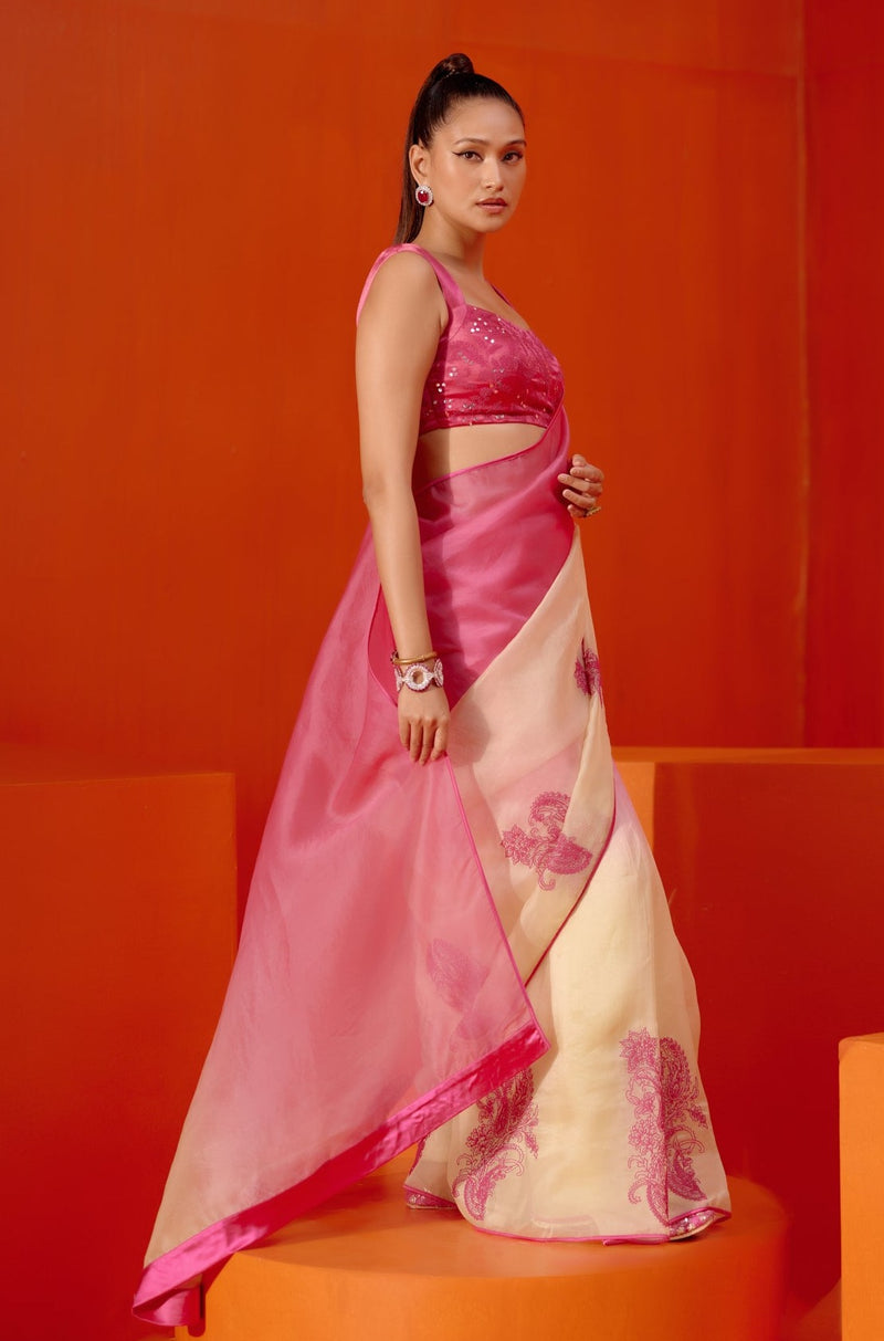 Fuchsia Pink Embroidered Ombre Organza Saree