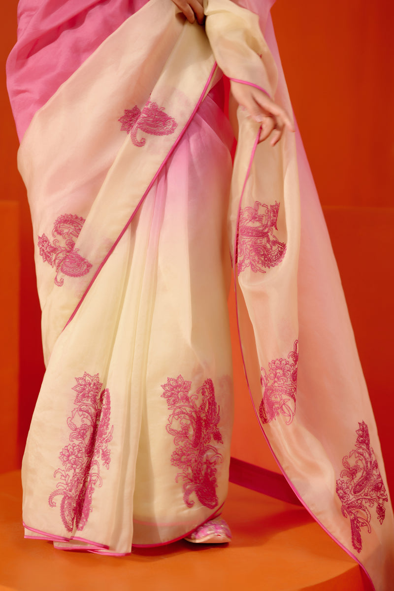 Fuchsia Pink Embroidered Ombre Organza Saree