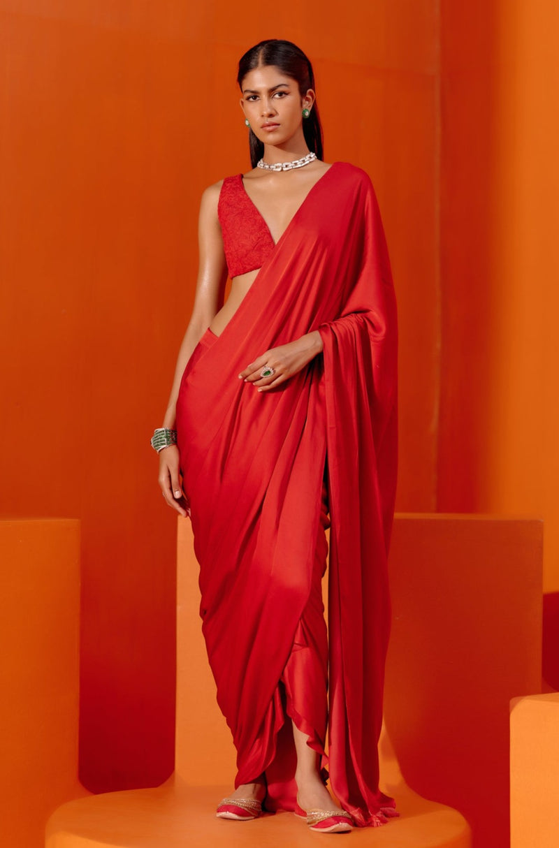 Red Satin Pre Draped Saree