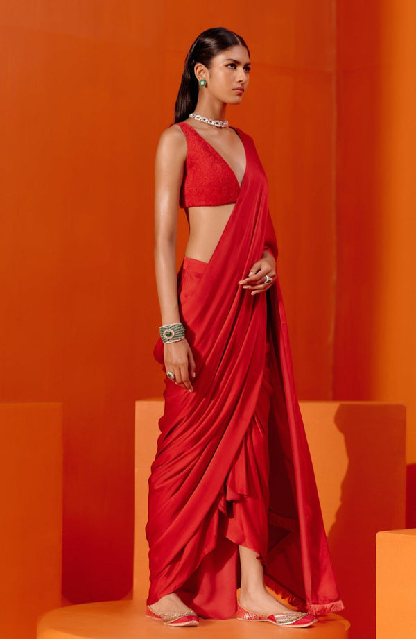 Alisha Pekha in Red Satin Pre Draped Saree