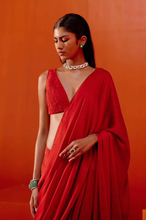 Red Satin Pre Draped Saree