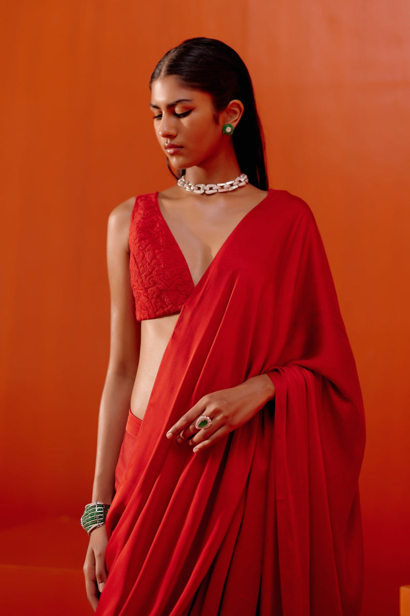 Red Satin Pre Draped Saree (RTS)