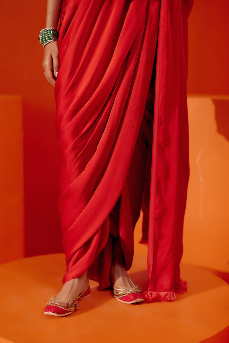 Payal Shah in Red Satin Pre Draped Saree