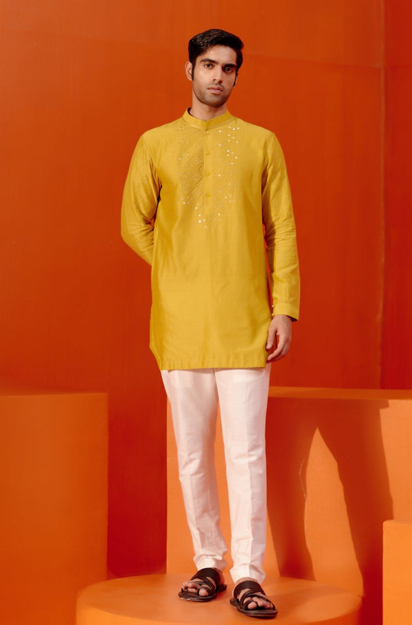 Mustard Embroidered Chanderi Kurta Set