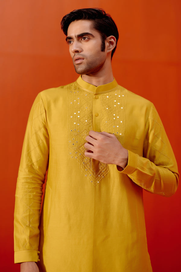 Mustard Embroidered Chanderi Kurta Set