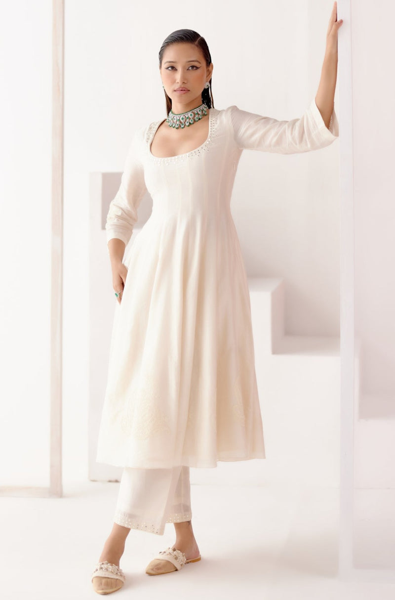 Ivory Patra Embellished Silk Chanderi Anarkali Set