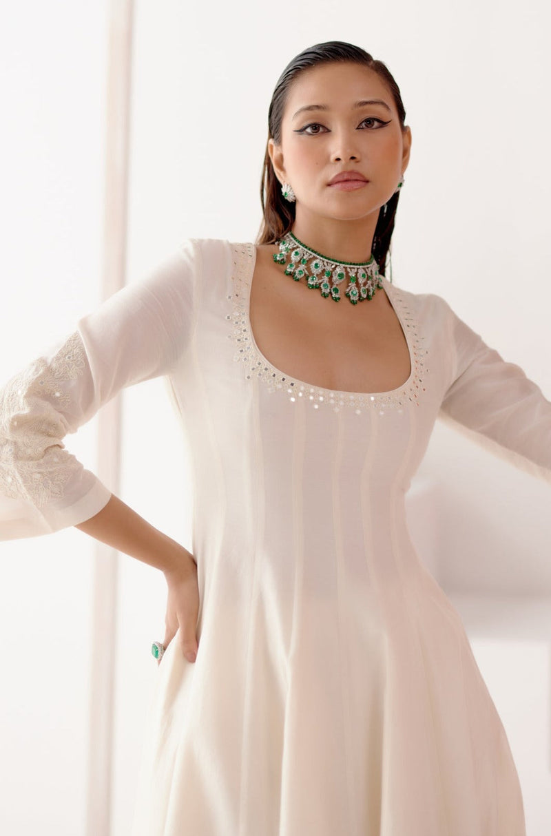 Rashmika Mandana in Ivory Patra Embellished Silk Chanderi Anarkali Set