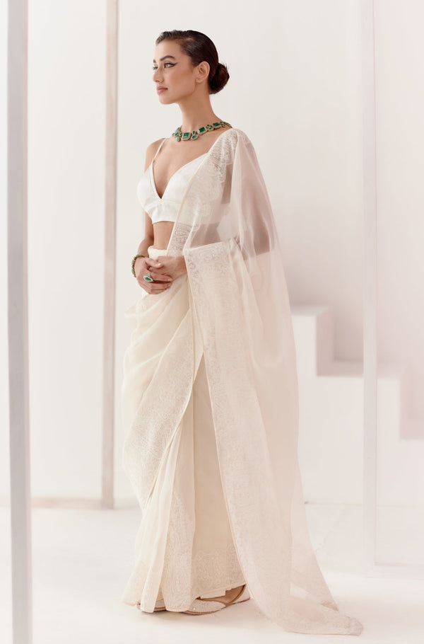 Ivory Dori Embroidered Silk Organza Saree