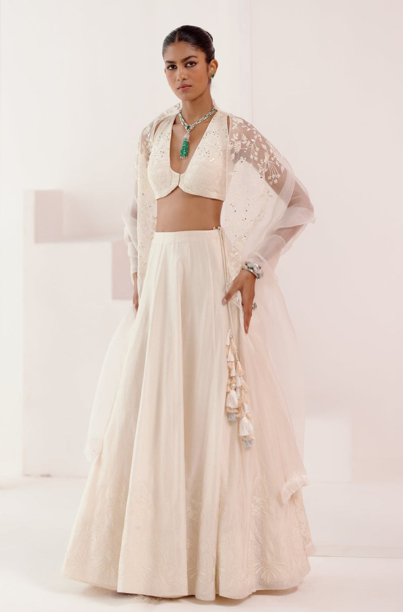 Ivory Embroidered Silk Chanderi Lehenga Set