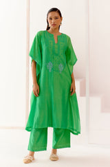 Green Silk Chanderi Embroidered Kaftan Set