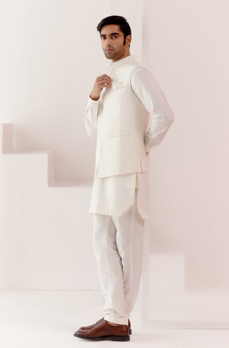 Ivory Kurta Set with Pin Tucks Bundi