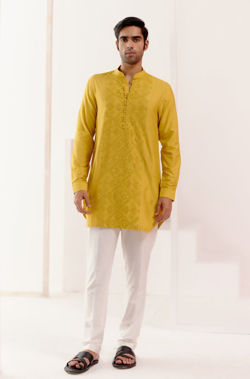 Mustard Cotton Silk Blend Embroidered Kurta Set