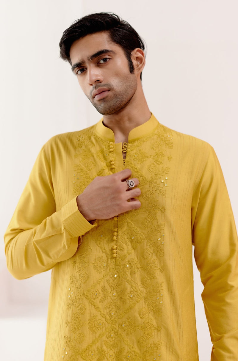 Mustard Cotton Silk Blend Embroidered Kurta Set