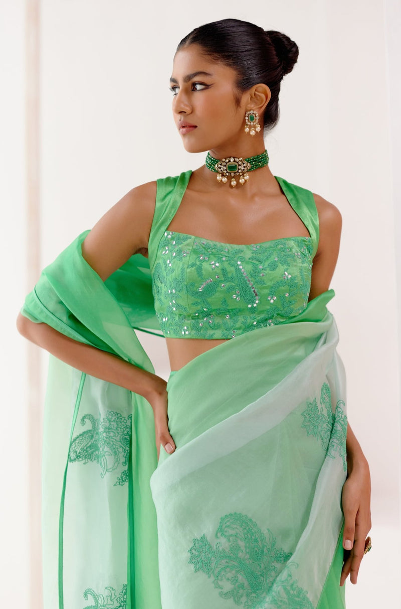 Green Embroidered Ombre Organza Saree