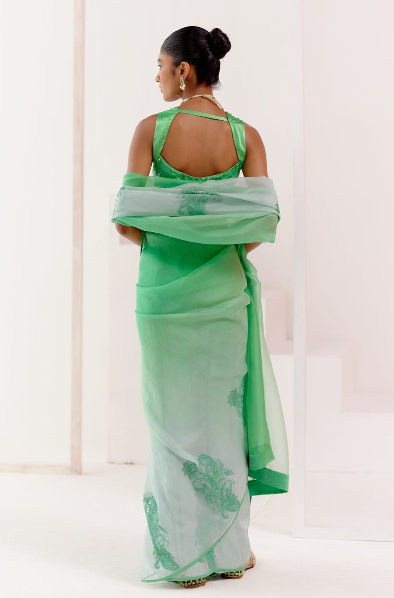 Green Embroidered Ombre Organza Saree