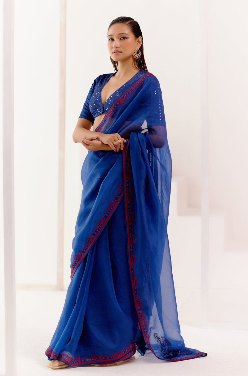 Royal Blue Multi Hued Dori Embroidered Organza Saree