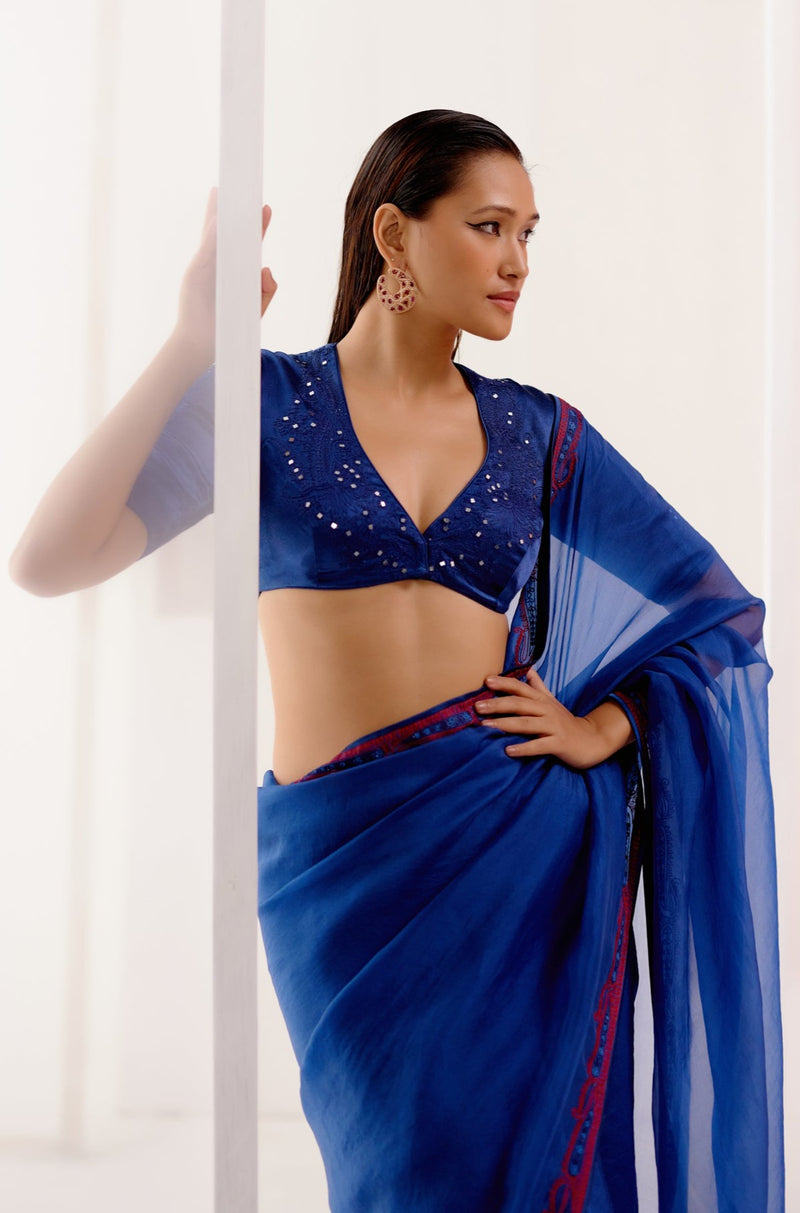 Royal Blue Multi Hued Dori Embroidered Organza Saree