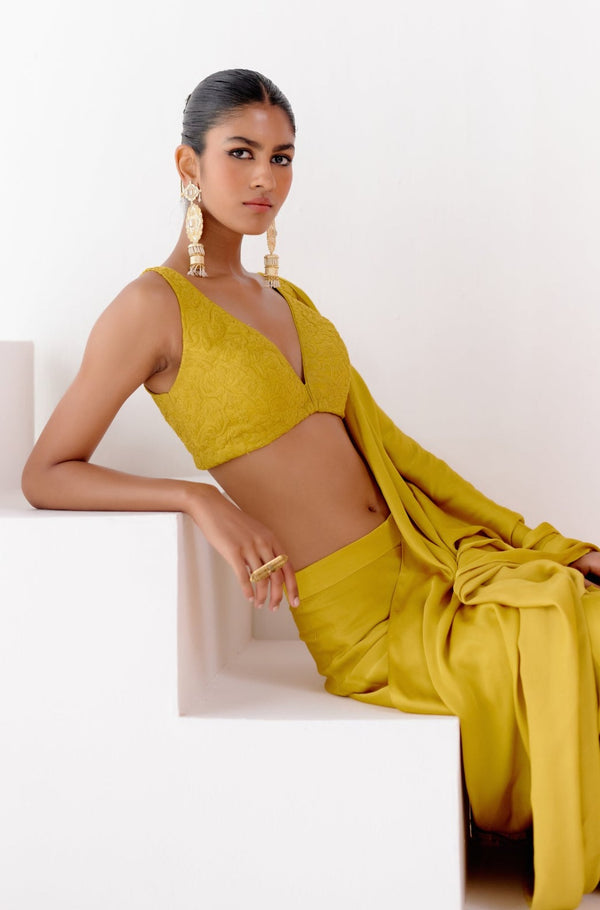 Mustard Satin Pre Draped Saree