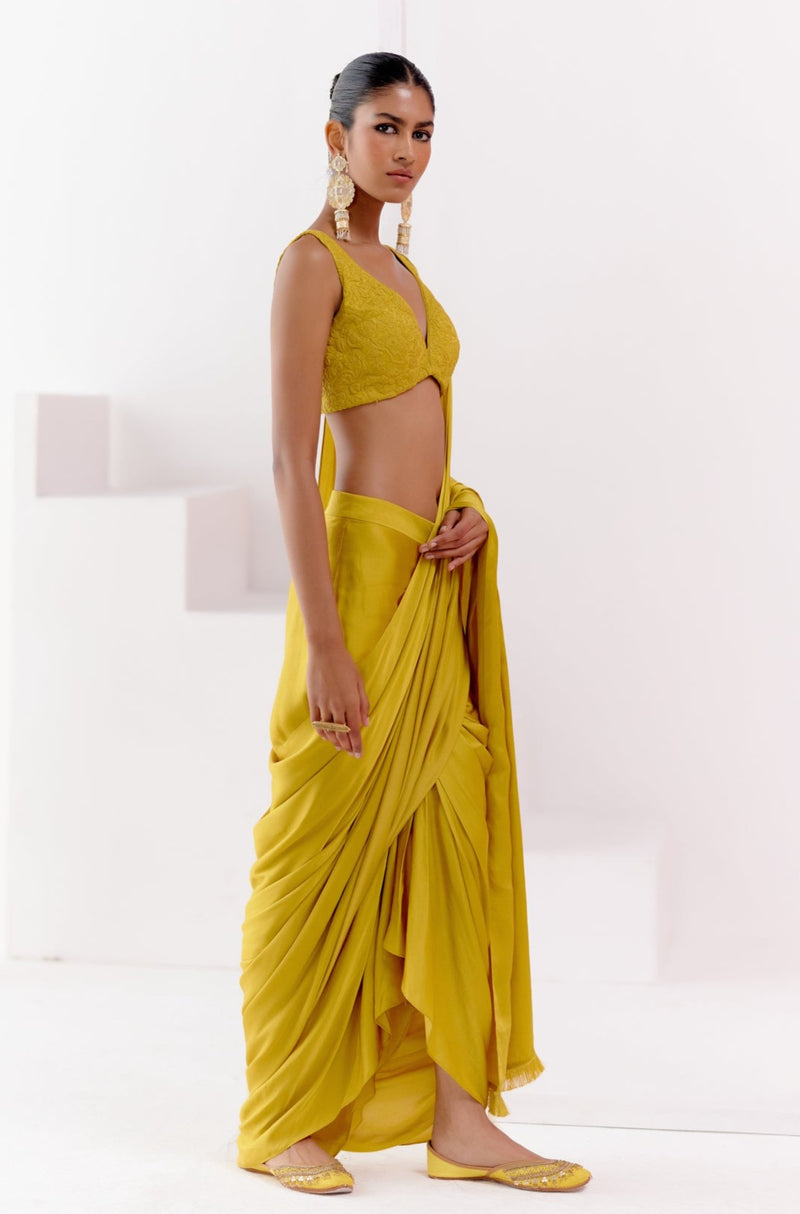 Mustard Satin Pre Draped Saree