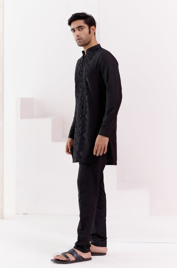 Black Cotton Silk Blend Embroidered Kurta Set