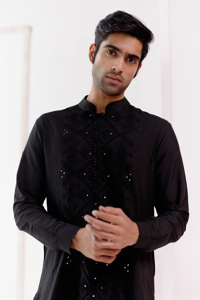 Black Cotton Silk Blend Embroidered Kurta Set