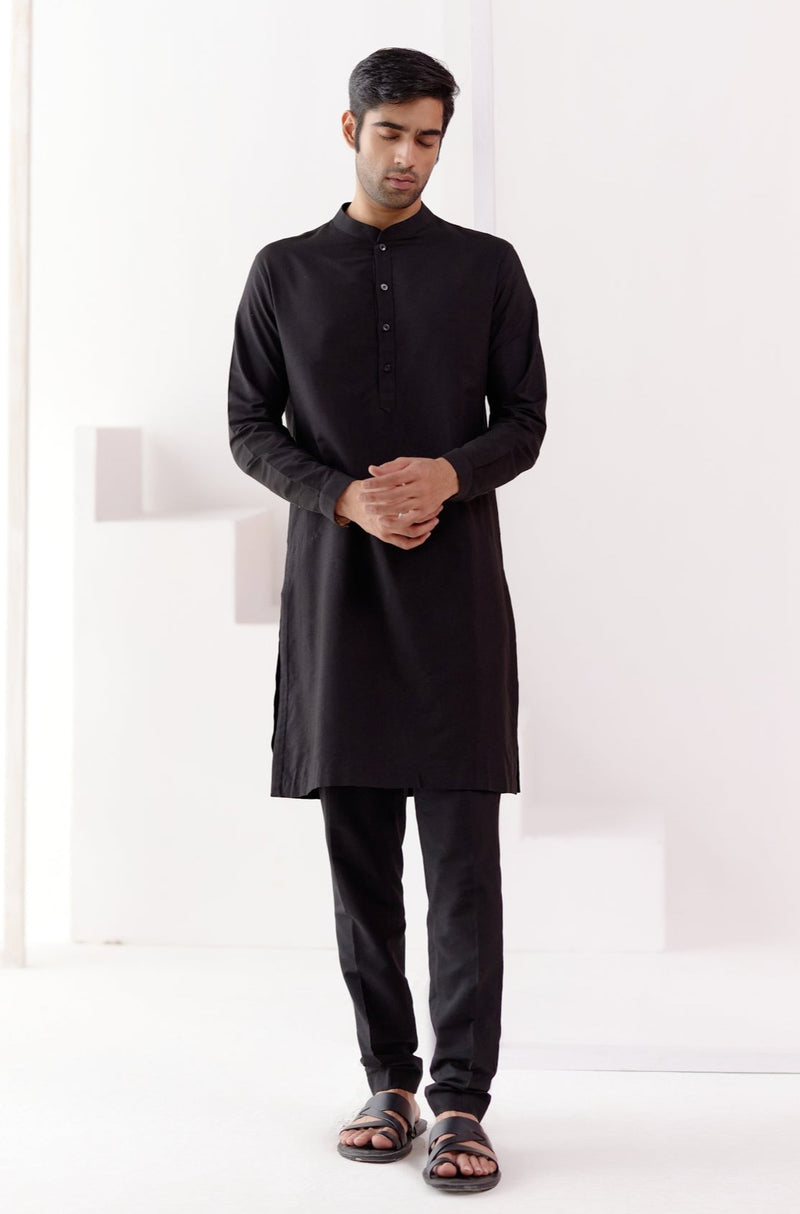 Black Kurta Set with Pin Tucks Bundi