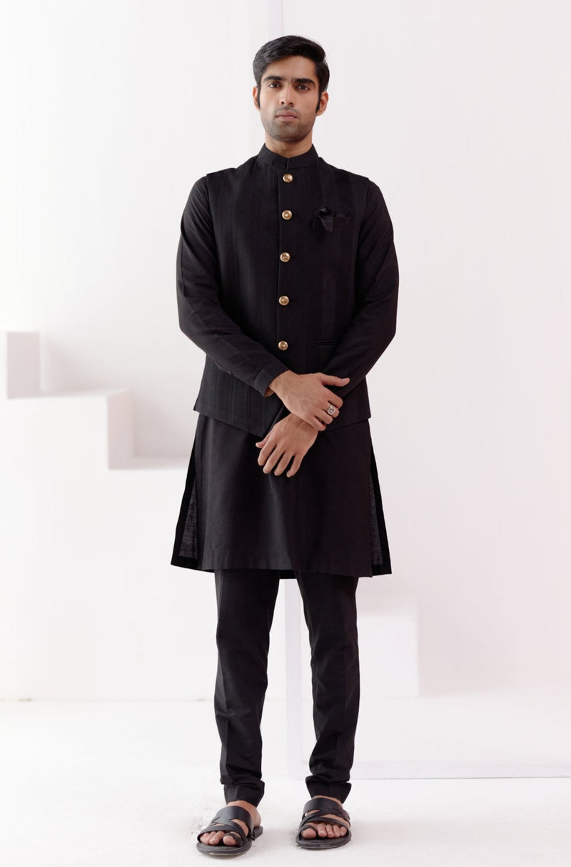 Black Kurta Set with Pin Tucks Bundi