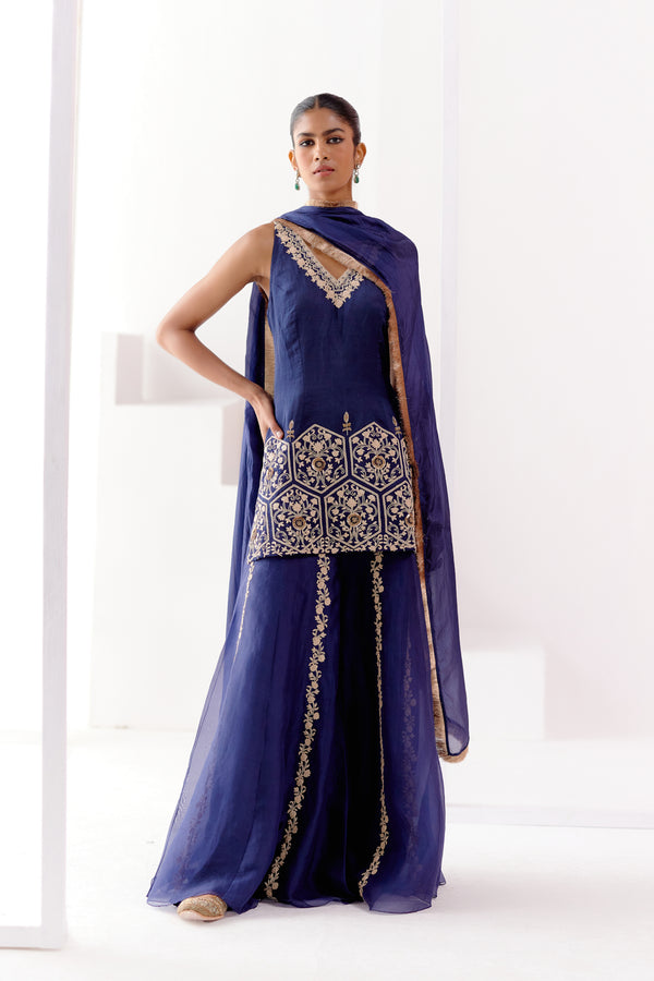 Navy Blue Embroidered Sharara Set