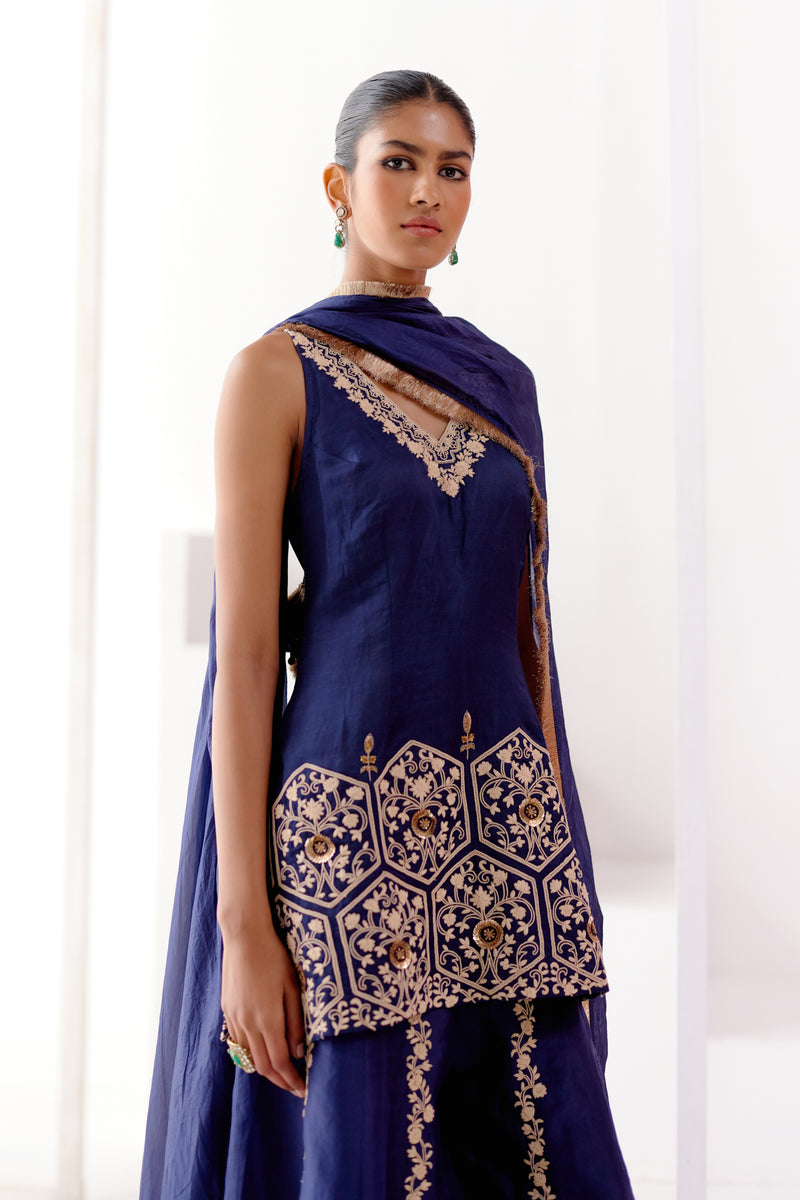 Navy Blue Embroidered Sharara Set