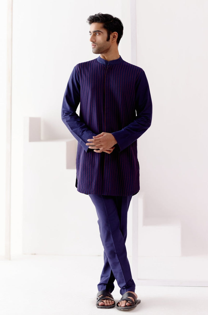 Navy Cotton Silk Blend Pin Tucks Kurta Set