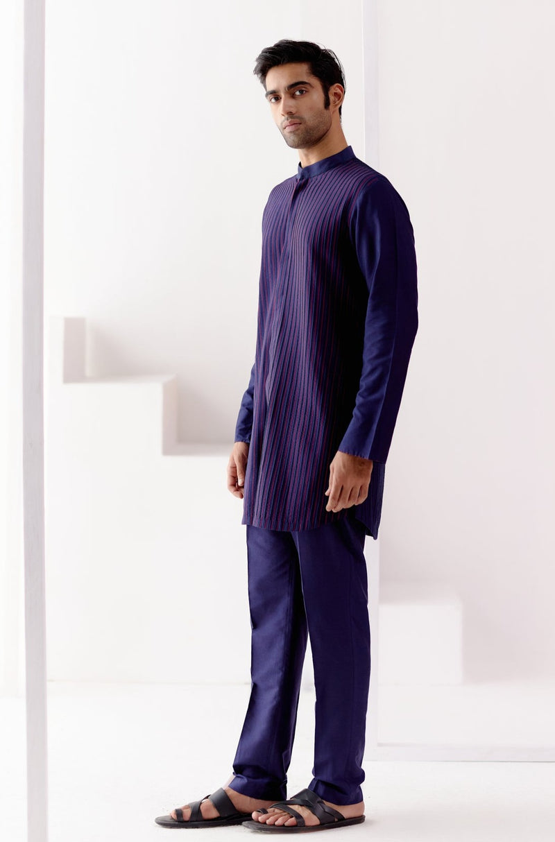 Navy Cotton Silk Blend Pin Tucks Kurta Set