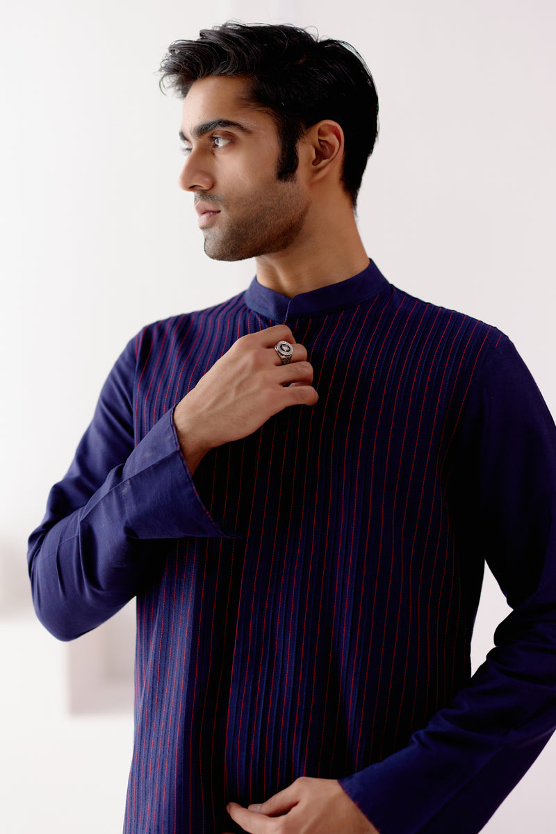 Navy Cotton Silk Blend Pin Tucks Kurta Set