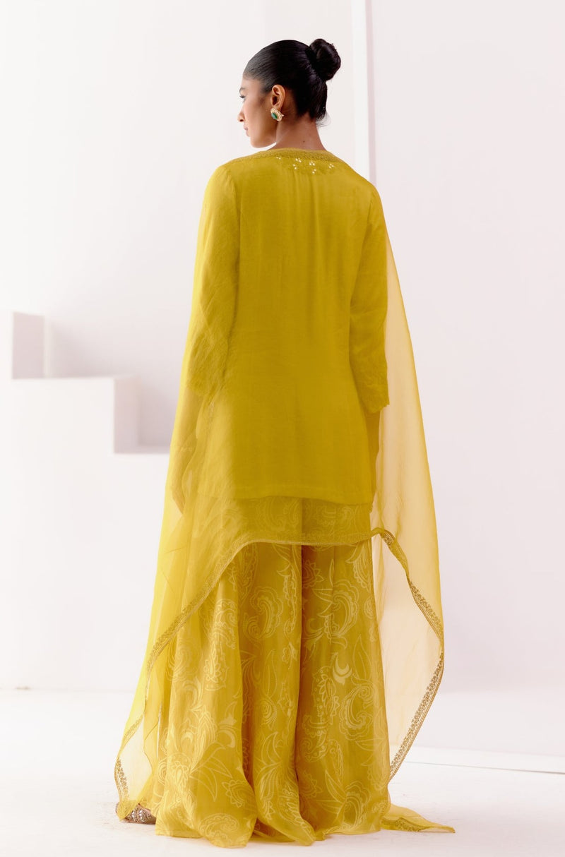 Buy Mustard Embroidered Silk Blend Straight Sharara Suit Set With Dupatta  Online at Rs.3119