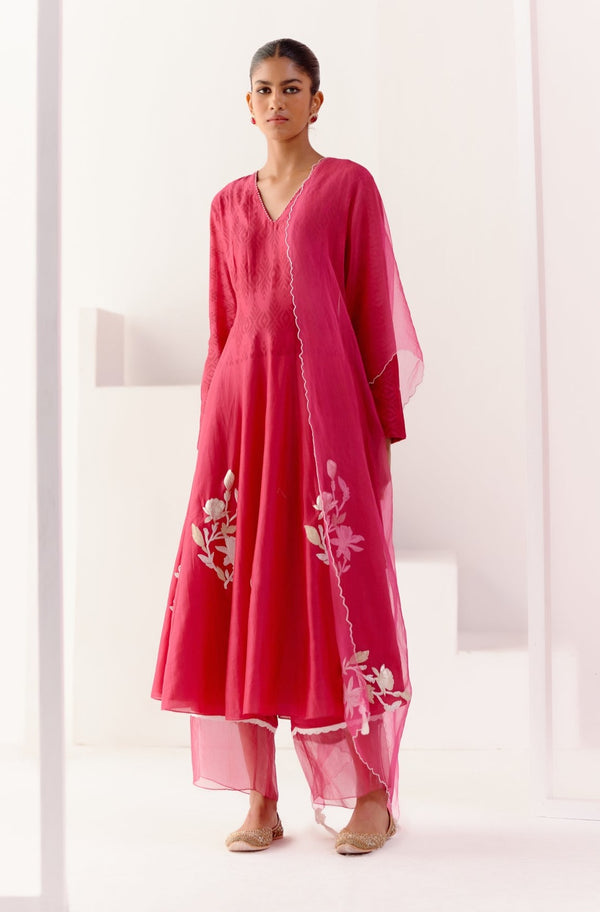 Fuchsia Pink Embroidered Chanderi Anarkali Set