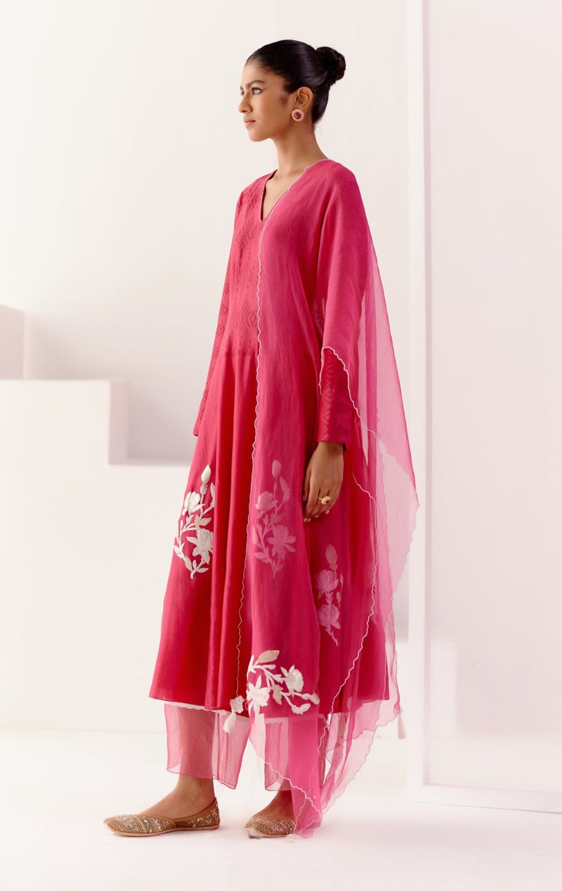 Fuchsia Pink Embroidered Chanderi Anarkali Set