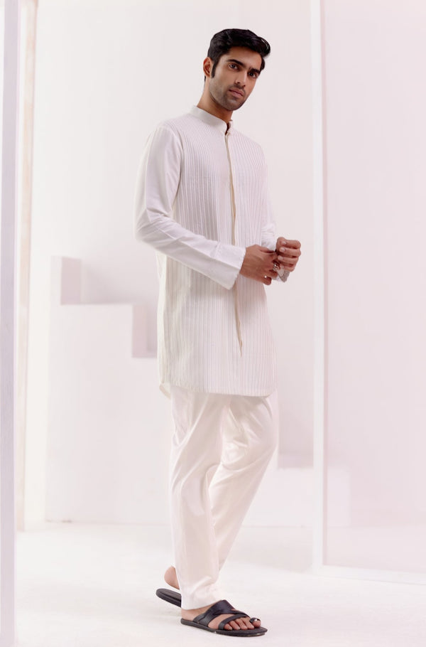 Ivory Cotton Silk Blend Pin Tucks Kurta Set