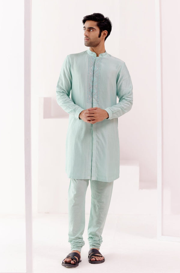 Aqua Front Open Self Embroidered Chanderi Kurta Set