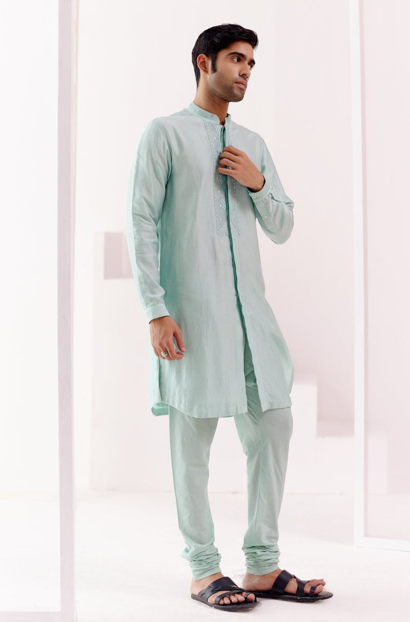 Aqua Front Open Self Embroidered Chanderi Kurta Set