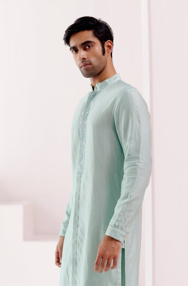 Aqua Front Open Self Embroidered Chanderi Kurta Set