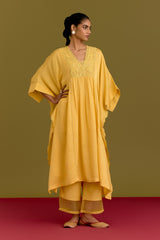 Yellow Cotton Silk Satin Kaftan set (RTS)