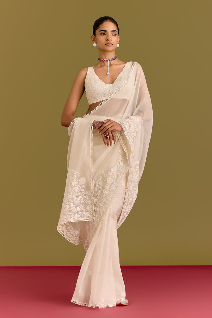 Ivory Embroidered Saree Set