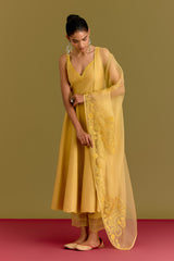 Akansha Ranjan Kapoor in Yellow Cotton Silk Satin Anarkali set
