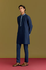 Blue Cotton Silk Embriodered Kurta Set