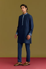 Blue Cotton Silk Embriodered Kurta Set